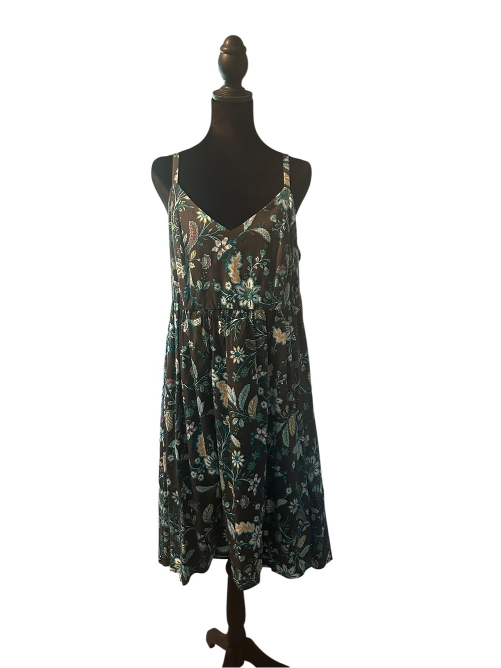 Trendy boutique Black Floral Midi Dress with Teal and Cream Accents